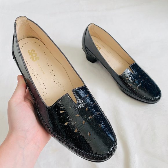 SAS Shoes - SAS Patent Leather Kitten Heel Loafers Black 9
